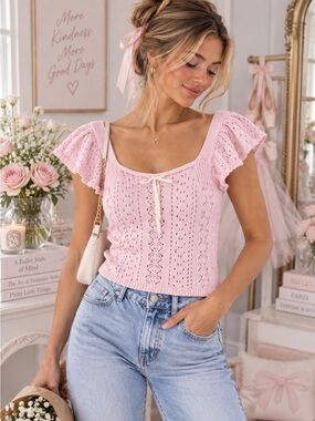 Haute Hippie Style Pink Pointelle Knit Top XS Cotton Flutter Sleeve Coquette